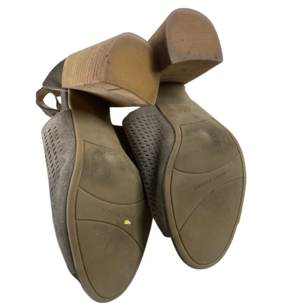 Marc Fisher Gabie Heels Grey Taupe‎ Suede Cutout Block 8.5 Summer Comfy Heels